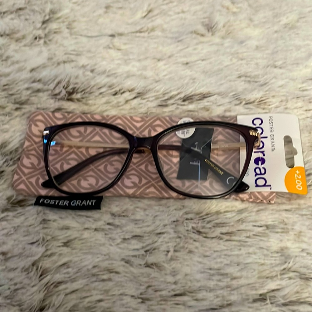 New”Foster Grant”(coloread)reading glasses for women.+2.00.Color-burgundy/gold.